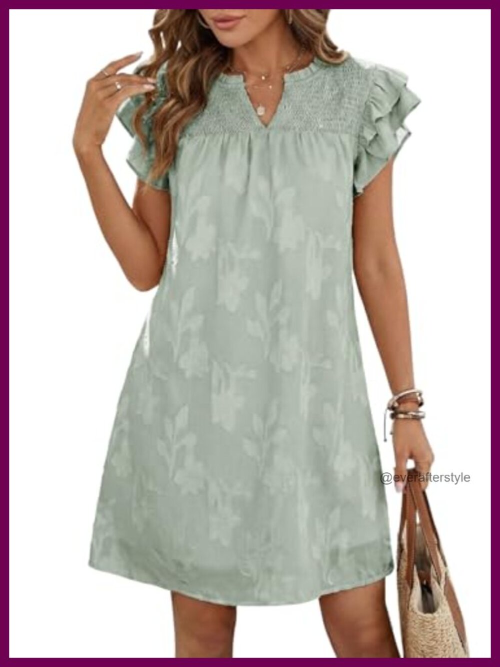 Dokotoo Womens Smocked Floral Burnout Mini Sundress Ruffle Sleeve V Neck